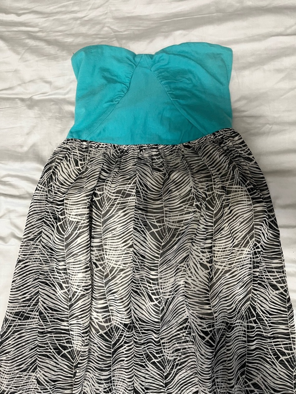 Roxy Turquoise Strapless Maxi Dress with Black & White Leaf Skirt